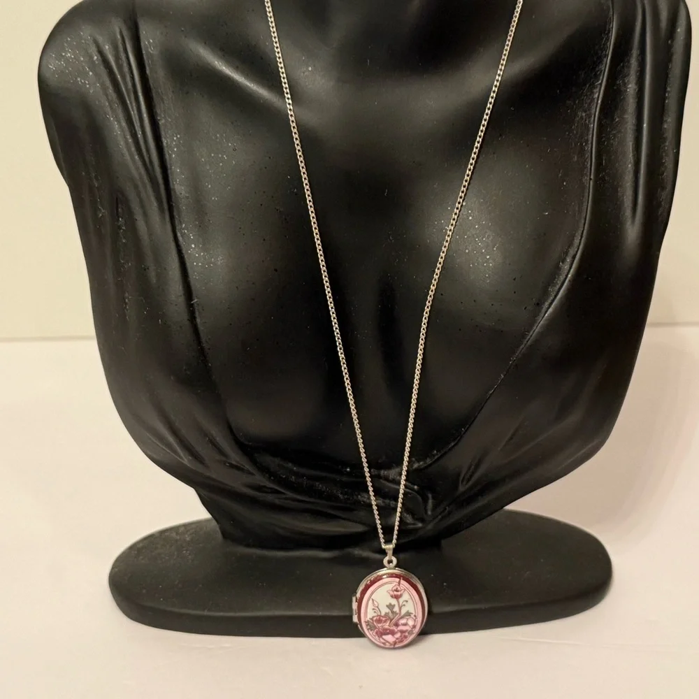 MICHAELA FREY LOCKET SP VINTAGE ART NOUVEAU ENAMEL FLORAL CHAIN STERLING SILVER